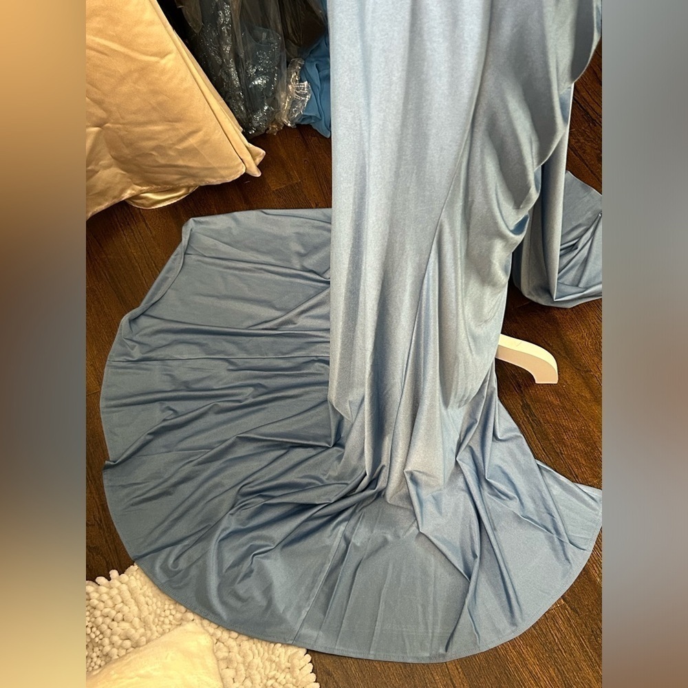 💎Stunning Dancing Queen Gown Blue Side Drape Slit Corset Evening Formal XL 12 - Picture 3 of 11